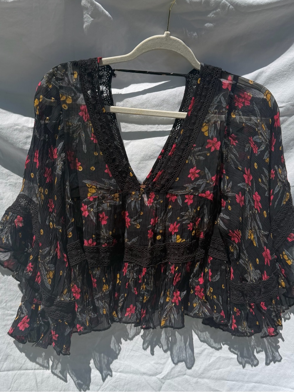 Free People Black Sheer Floral V-Neck Peasant Blouse
